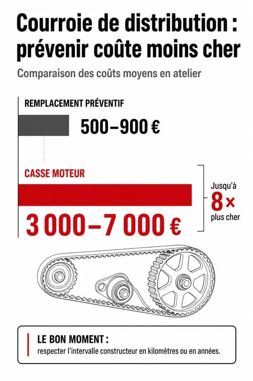 Infographie comparative des coûts : remplacement préventif vs casse moteur courroie de distribution