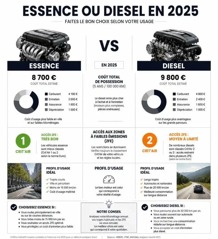 Comparatif essence ou diesel en 2025 : choisir sa motorisation selon son usage et les ZFE
