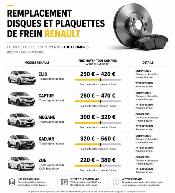 Infographie des prix moyens pour le changement des disques et plaquettes de frein chez Renault par modèle