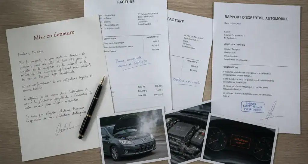 Lettre de réclamation concessionnaire automobile, factures et photos panne