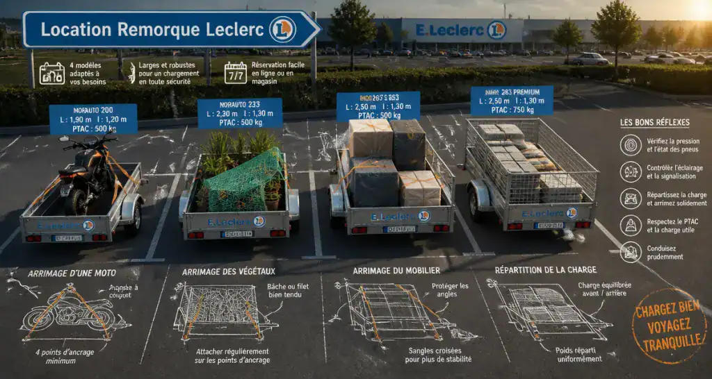 location remorque leclerc différents modèles sur parking
