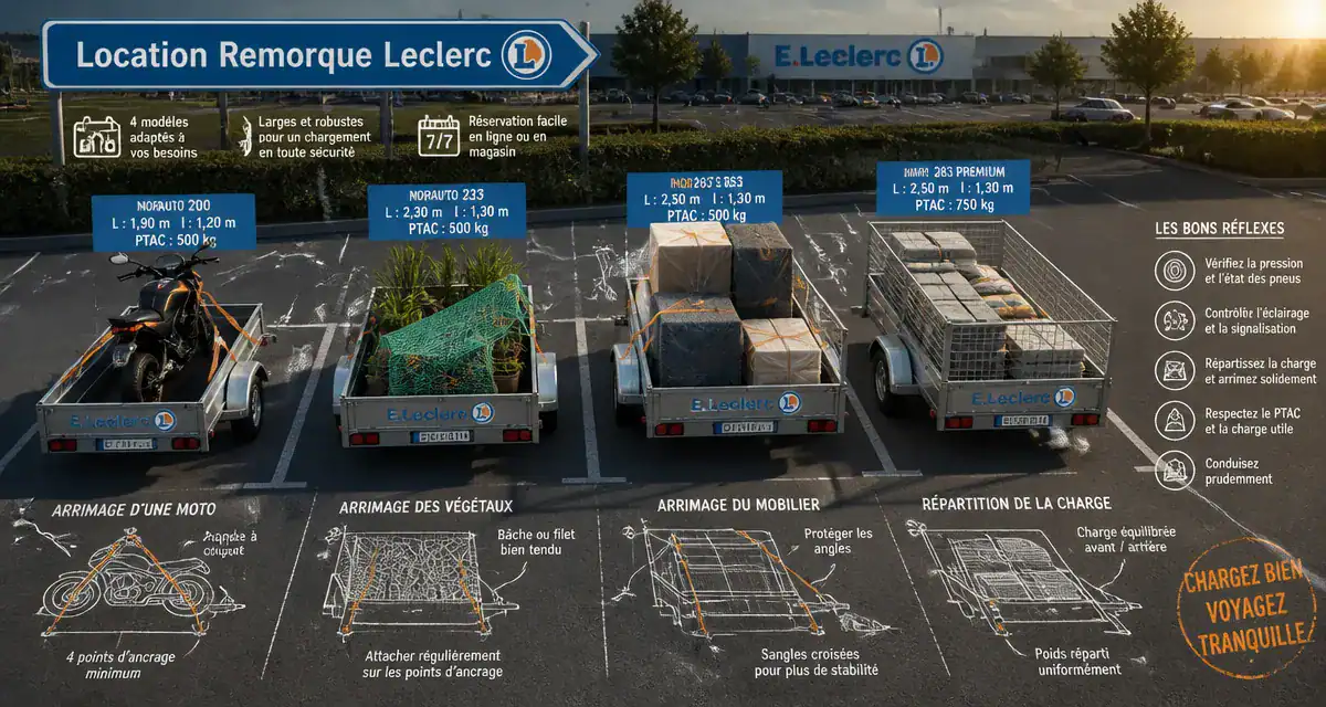 location remorque leclerc différents modèles sur parking