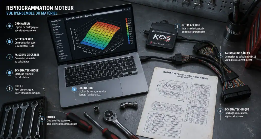 logiciel reprogrammation moteur sur établi avec outils et interface obd