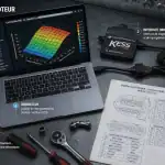 logiciel reprogrammation moteur sur établi avec outils et interface obd