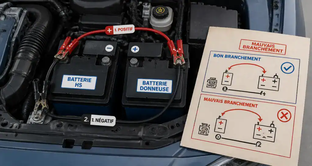 Mauvais branchement câble démarrage sur batterie voiture