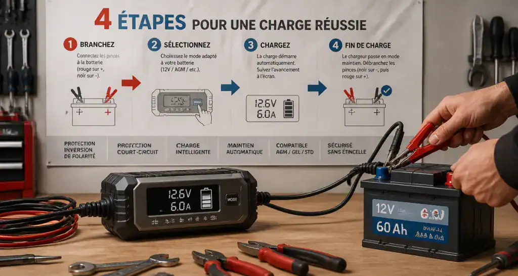 meilleur chargeur batterie voiture connecté à batterie sur établi