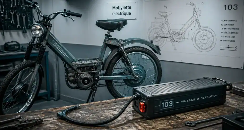 Mobylette electrique néo-rétro en atelier, moteur moyeu et batterie