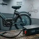 Mobylette electrique néo-rétro en atelier, moteur moyeu et batterie