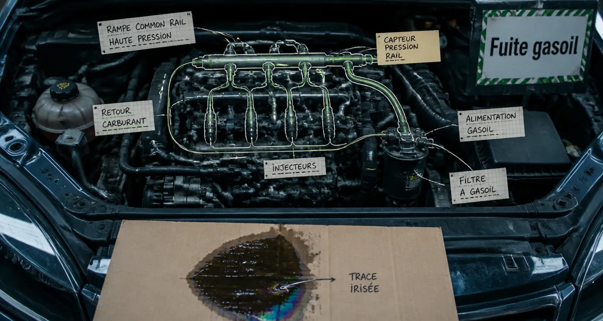 Odeur gasoil voiture extérieur : zones à inspecter pour fuite diesel