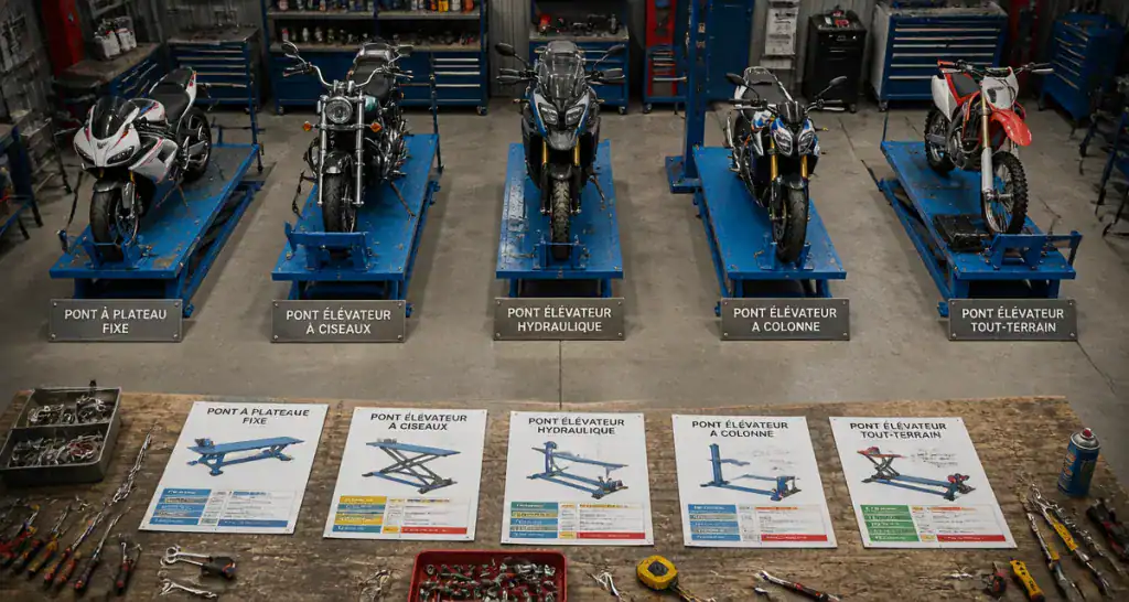 Pont moto différents types en atelier mécanique
