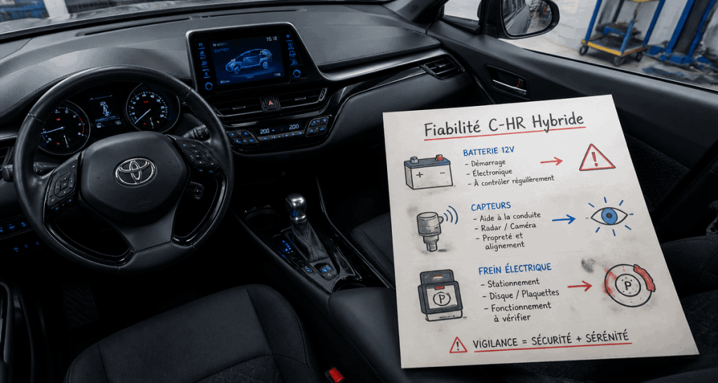 Problème Toyota CHR hybride tableau de bord infographie