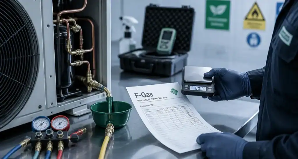 Recharger une clim en gaz : unité démontée et document F-Gas