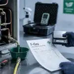 Recharger une clim en gaz : unité démontée et document F-Gas