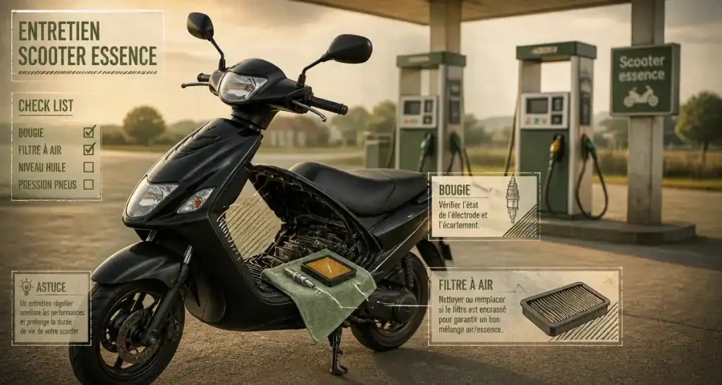 Scooter essence noir devant station-service : critères techniques