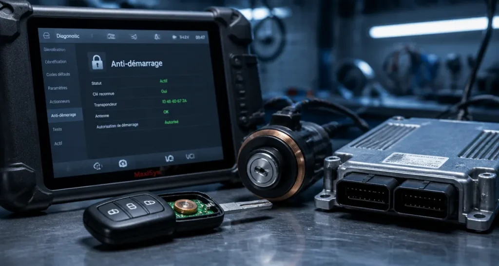 Systeme anti demarrage voiture : transpondeur, bobine, ECU en atelier