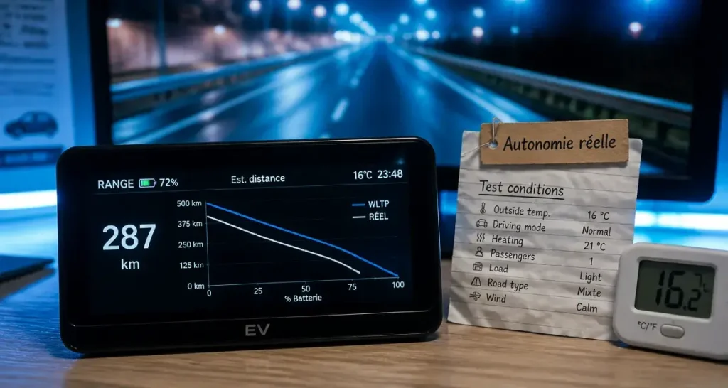 Tableau autonomie voiture électrique WLTP vs réel sur tableau de bord EV
