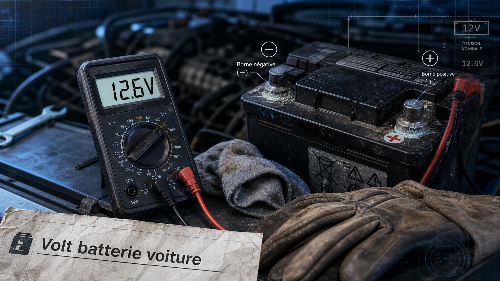 Volt batterie voiture : multimètre affiche 12.6V sur batterie 12V