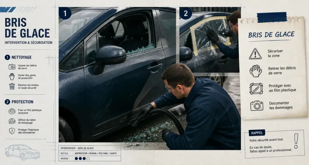 Vitre cassée voiture : débris et film de protection sur la portière