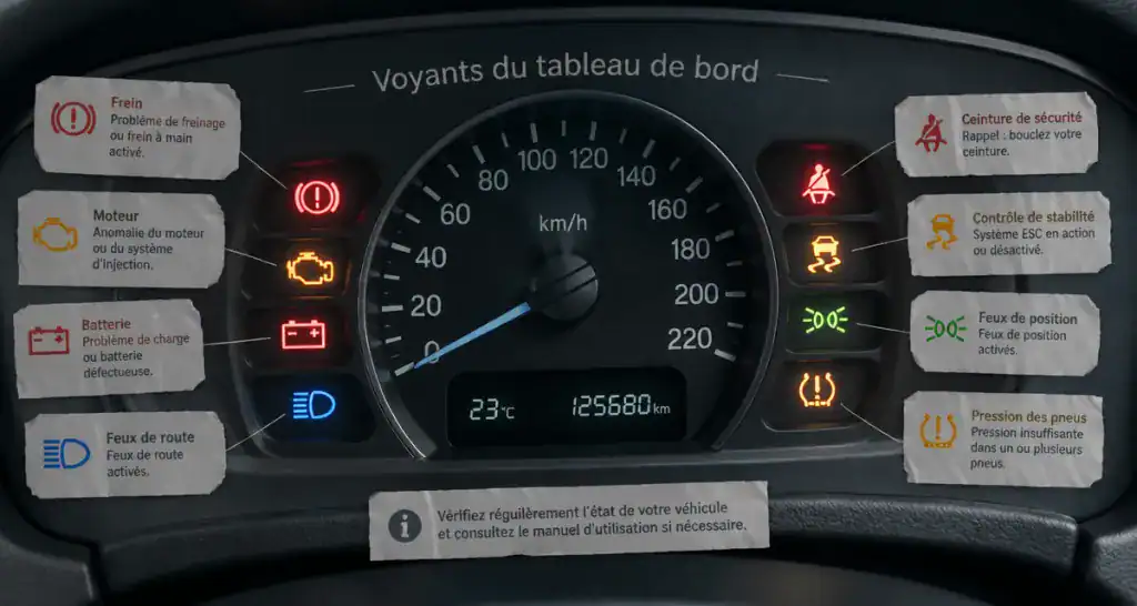 voyants tableau de bord allumés avec légendes explicatives