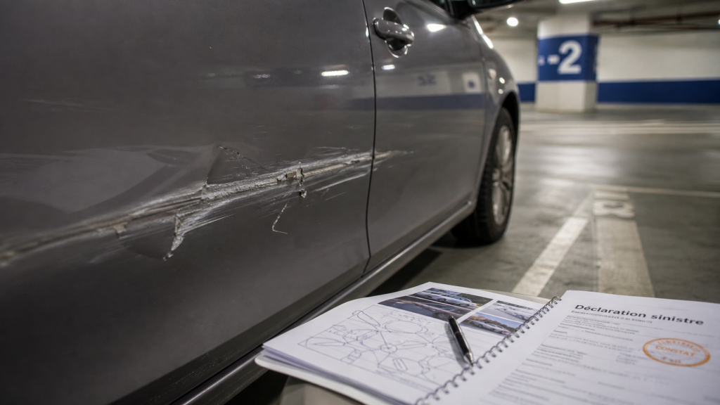 Accident parking sans tiers identifié : voiture rayée au parking souterrain