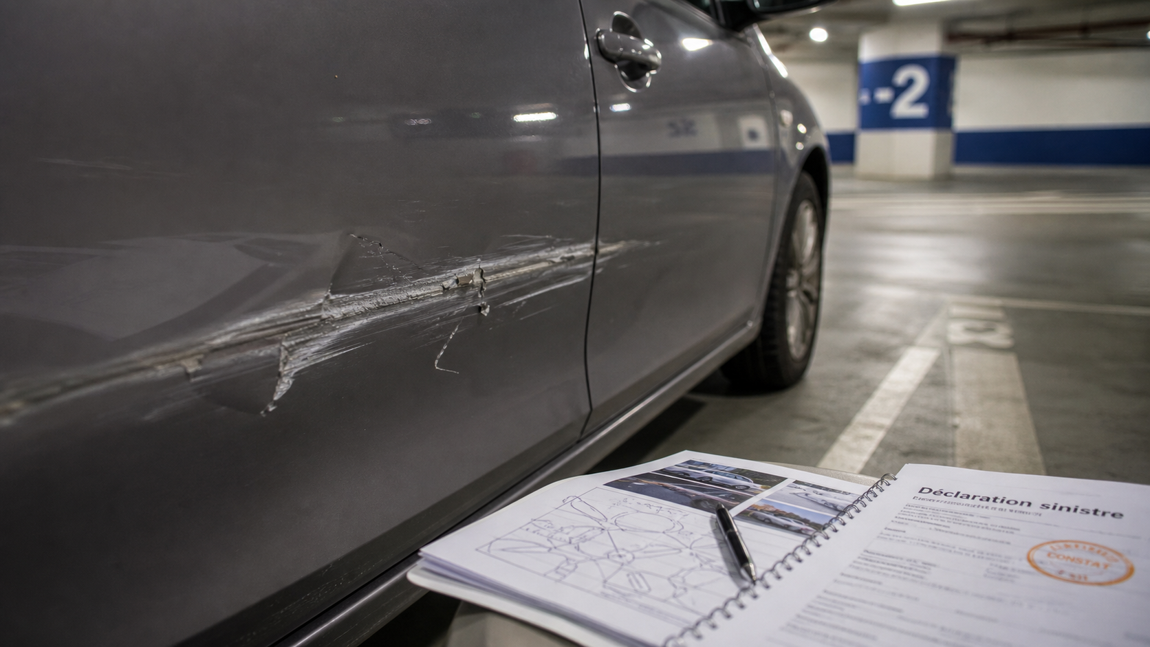 Accident parking sans tiers identifié : voiture rayée au parking souterrain