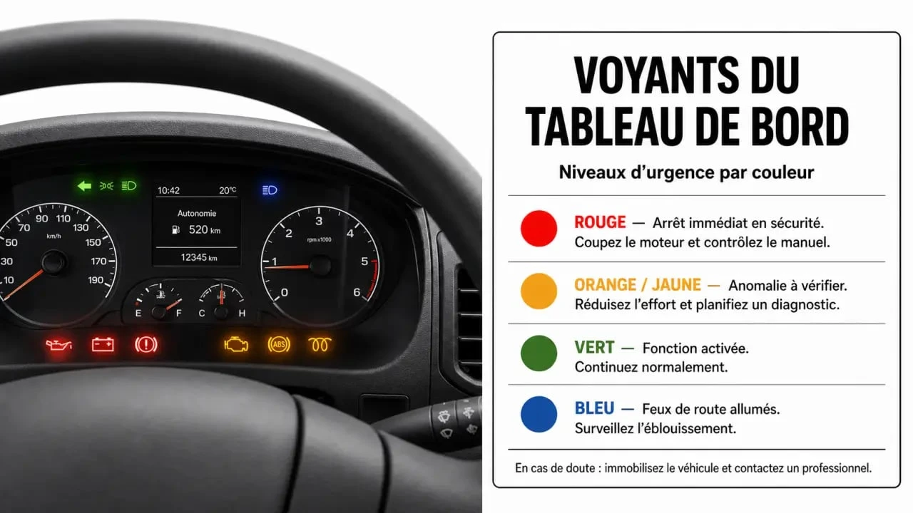 Tableau de bord fiat ducato camping car avec voyants rouge, orange, vert et bleu expliqués