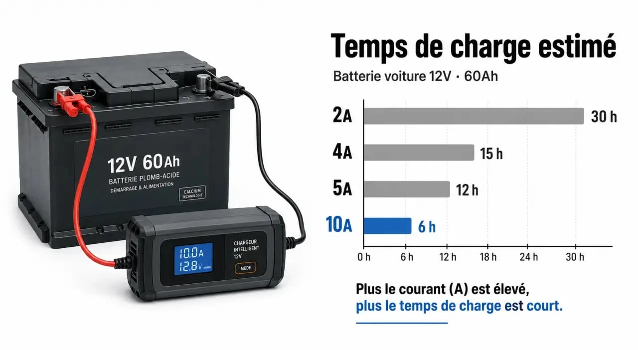 Temps de charge batterie voiture 12v 60ah selon l’ampérage du chargeur