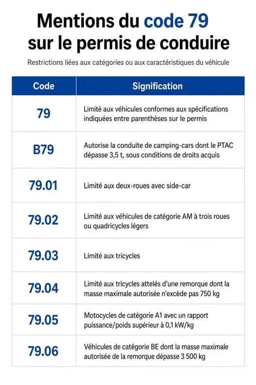 Tableau récapitulatif des codes 79 et B79 sur le permis de conduire