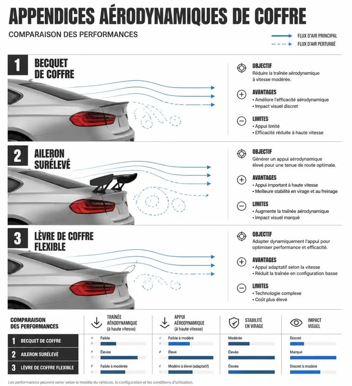 Schéma comparatif des différents types de becquet voiture : aileron, becquet et lèvre de coffre pour l'aérodynamisme.