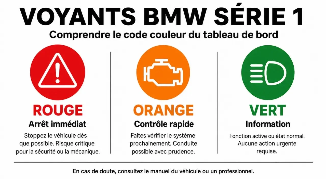 Code couleur des voyants de tableau de bord BMW Série 1 : guide visuel des alertes
