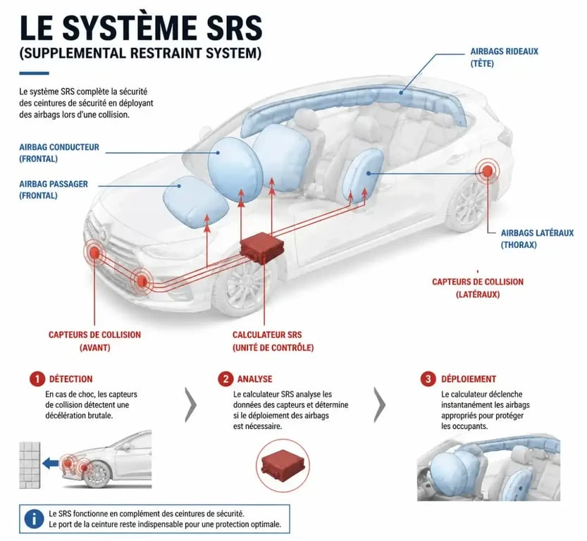 Schéma simplifié du système de sécurité SRS Mercedes-Benz avec airbags et capteurs