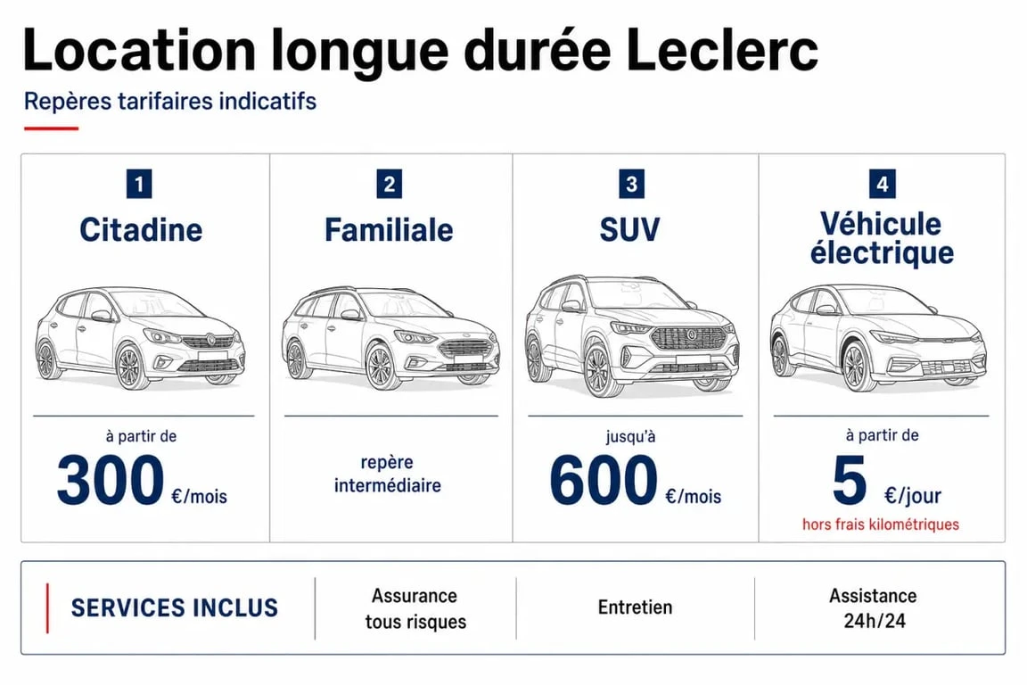 Tarifs de location voiture longue durée Leclerc avec repères de prix, citadine, SUV et véhicule électrique