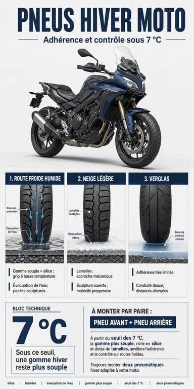 Infographie sur les pneus hiver moto : gomme, silice, lamelles et seuil des 7°C