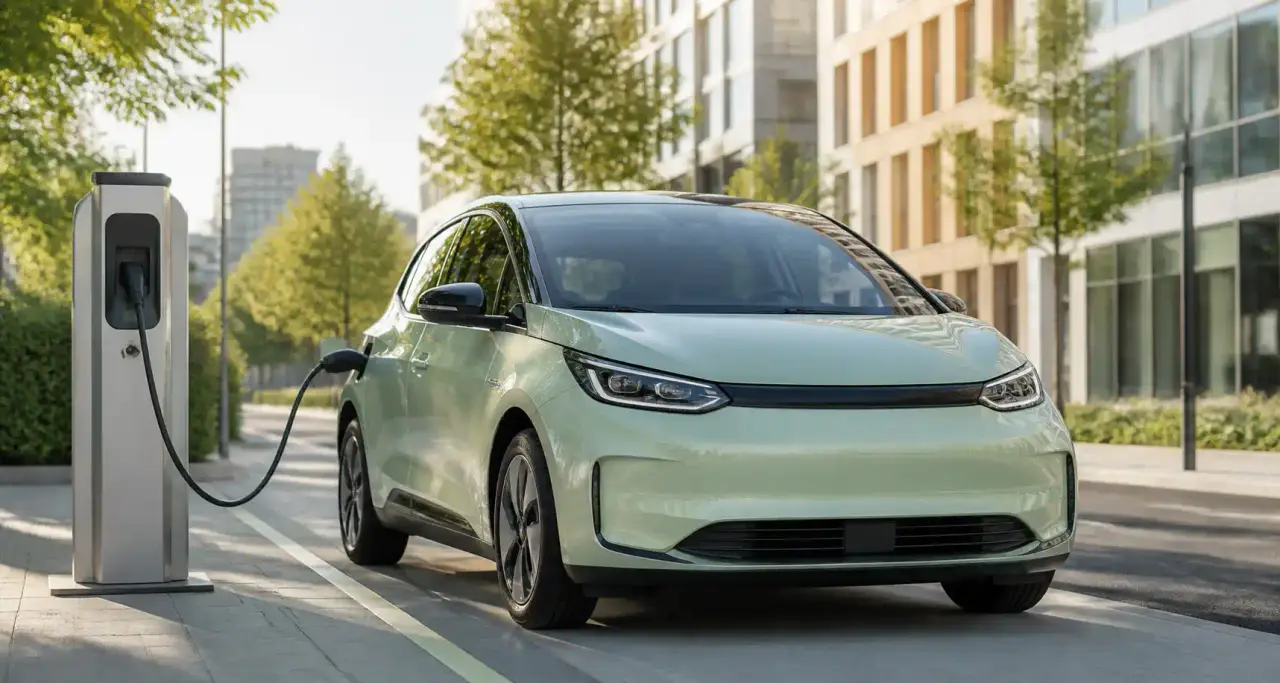 Voiture électrique compacte en recharge sur une borne publique dans une rue urbaine ensoleillée