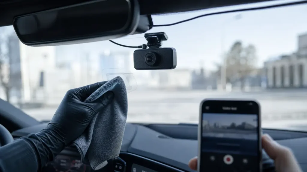 Installer dashcam : dashcam derrière le rétroviseur et câble discret