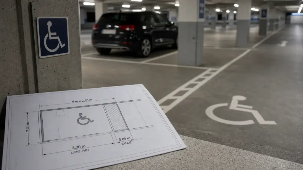 Place de parking dimension 5 m : repérage PMR et épi