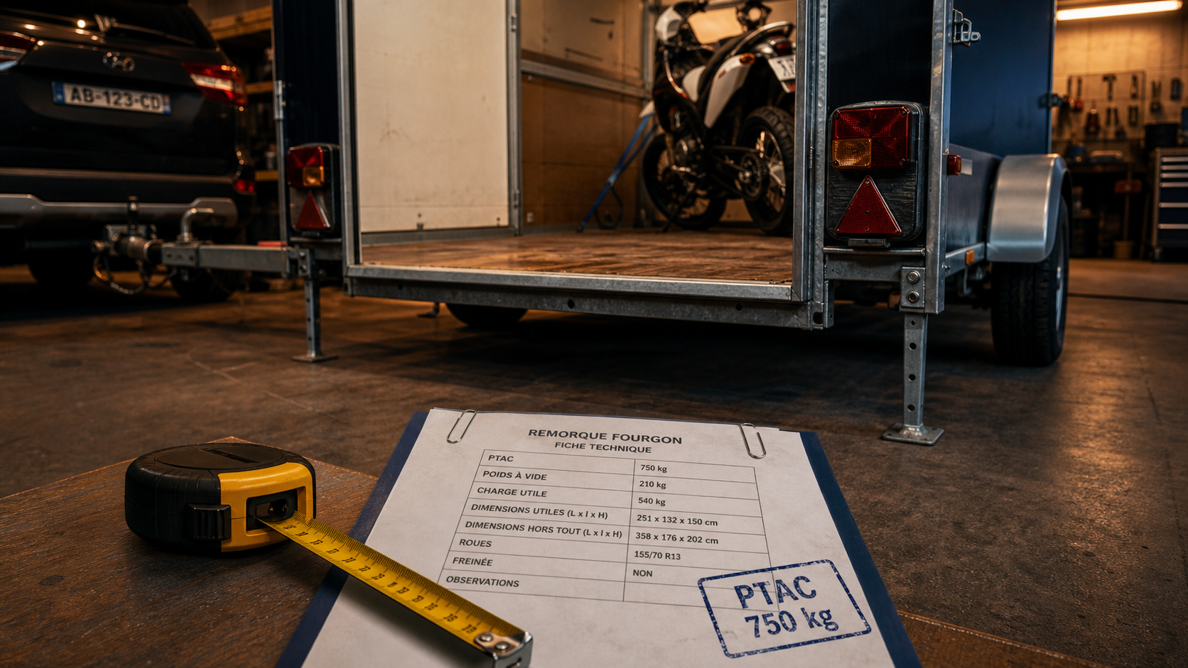 Remorque fourgon 750 kg : PTAC et pont arrière