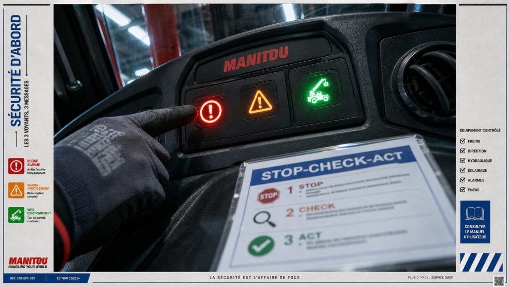 Signification voyant tableau de bord Manitou : rouge alarme, orange avertissement, vert OK