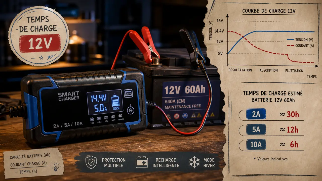Temps de charge batterie voiture 12V 60Ah en heures selon l’ampérage