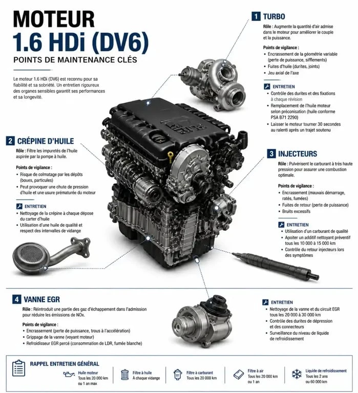 Points de maintenance et fiabilité du moteur 1.6 HDi