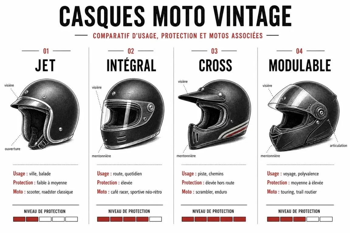 Comparatif des casques vintage moto jet, intégral, cross et modulable