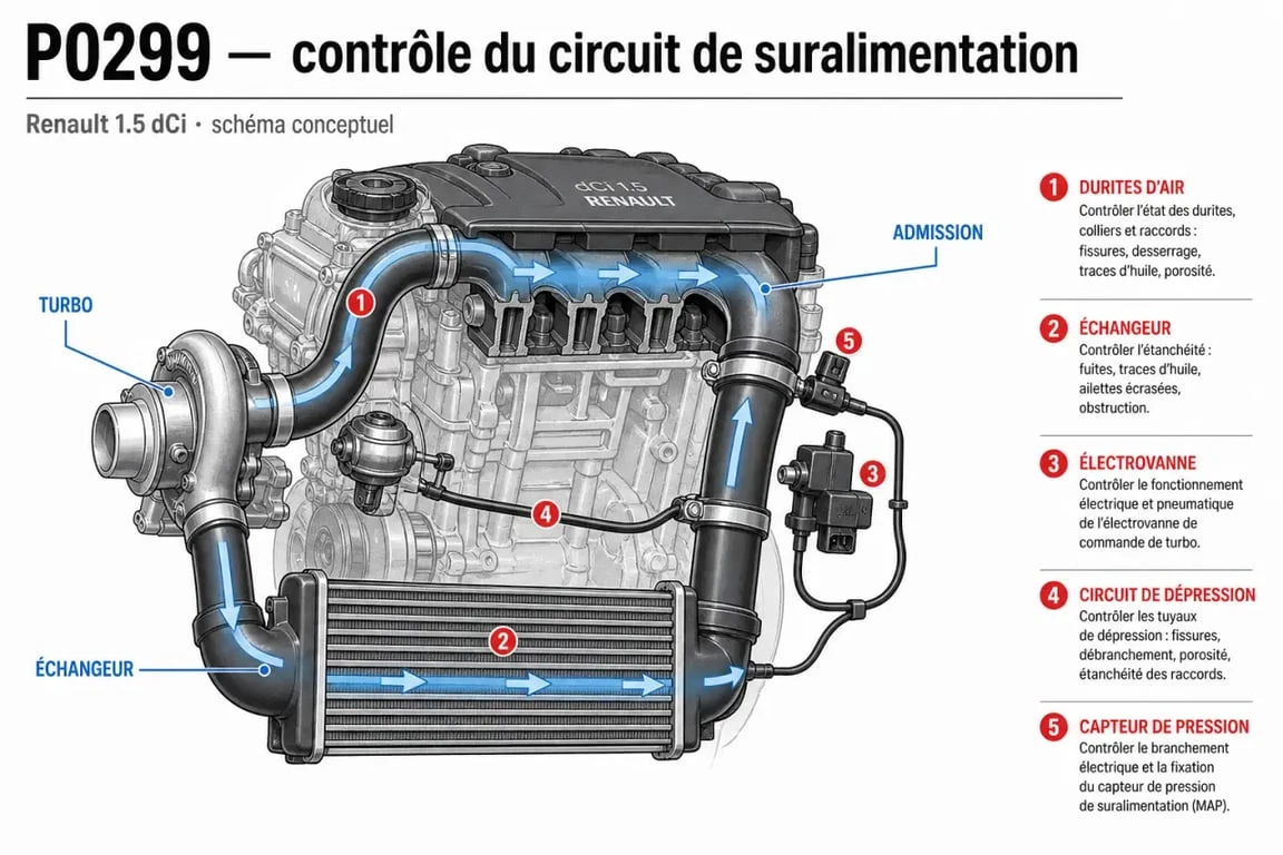 Schéma du code P0299 Renault 1.5 dCi avec points de contrôle du turbo