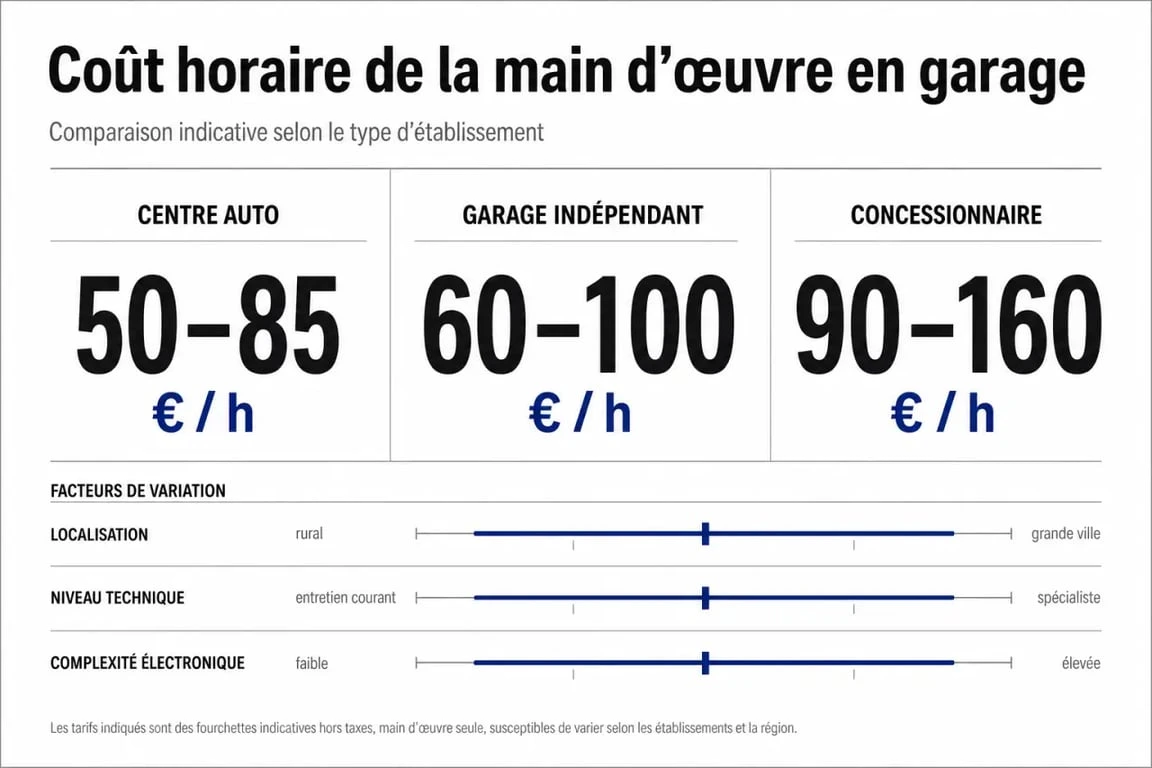 Infographie sur la main d'œuvre garage avec comparaison des tarifs horaires et des facteurs de variation
