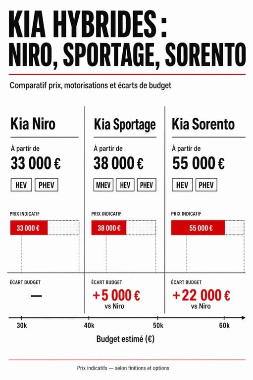 Comparatif kia hybride prix entre Niro, Sportage et Sorento avec repères de tarifs et motorisations