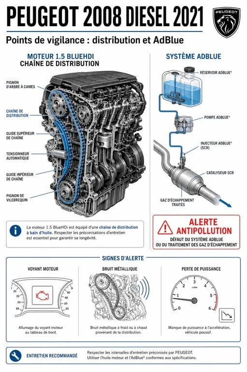 Infographie sur le problème 2008 peugeot 2021 diesel avec chaîne BlueHDi et alerte AdBlue