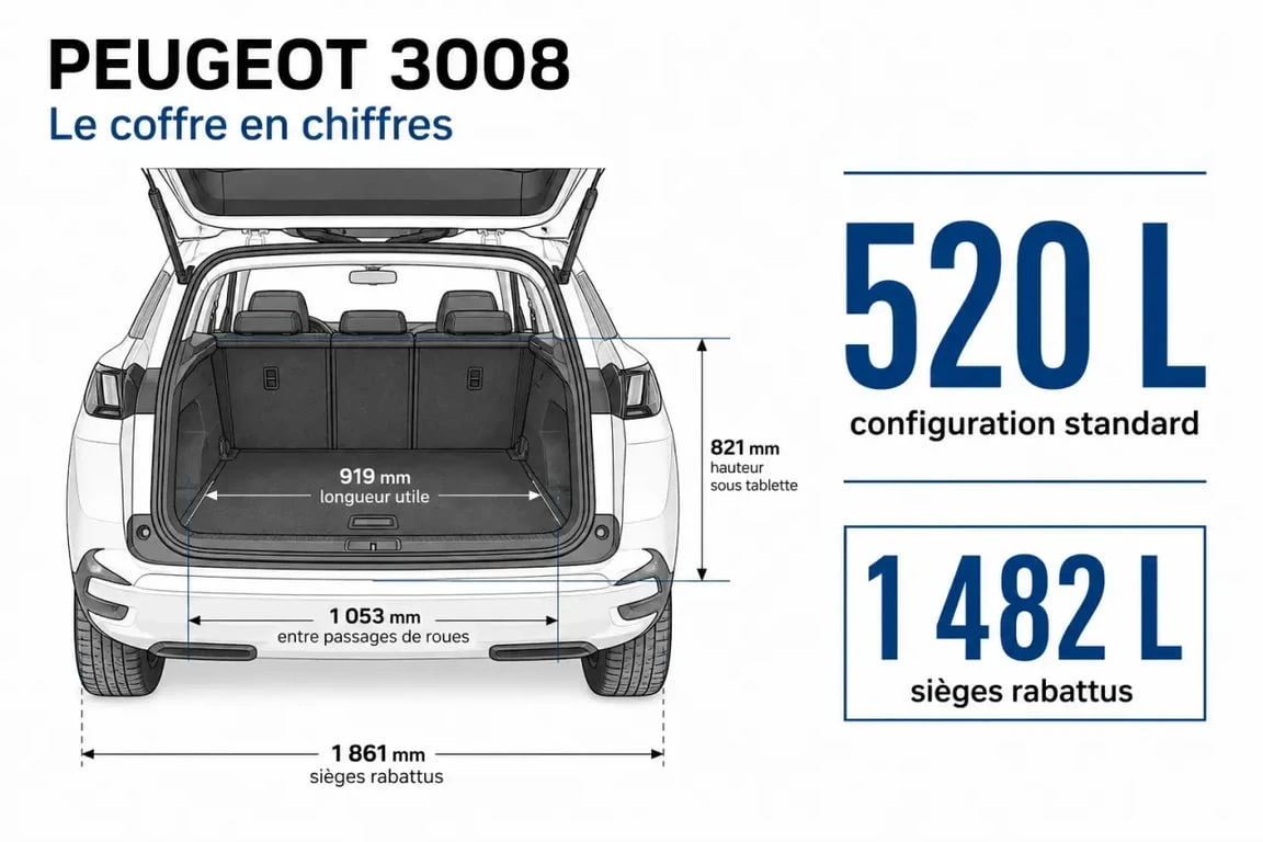 Volume coffre 3008 illustré avec les principales capacités et dimensions de chargement