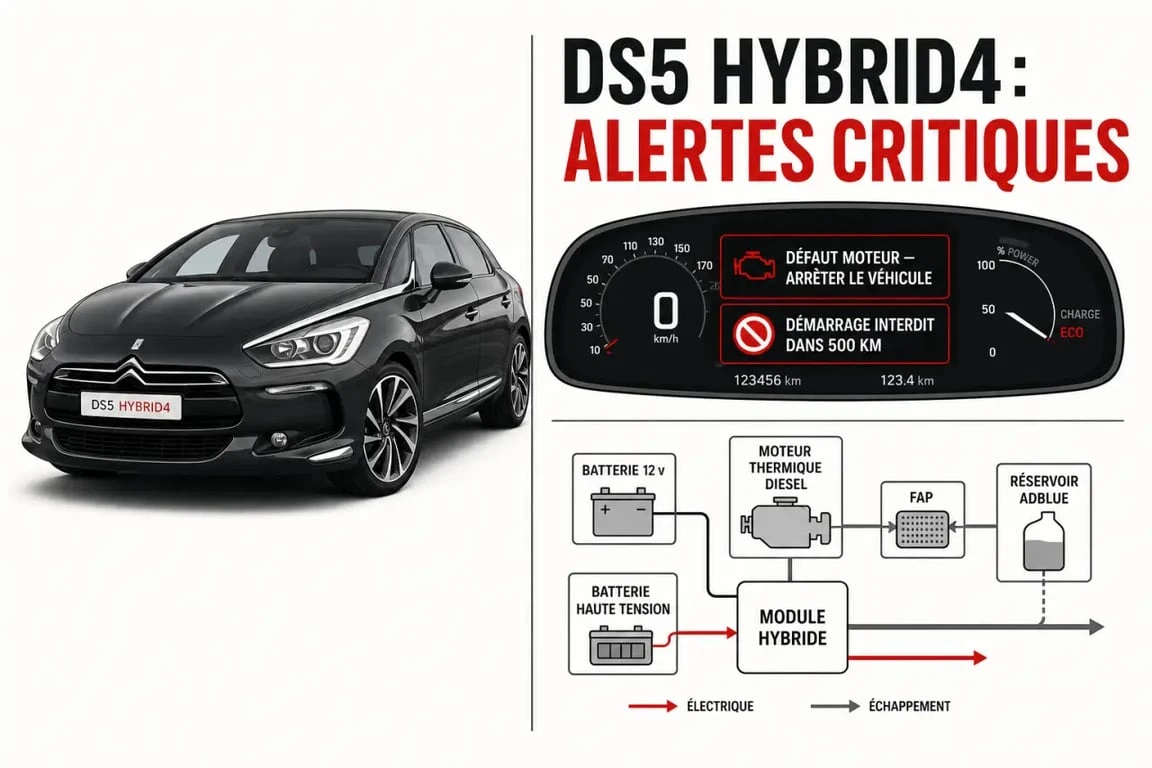 DS5 hybride problème : tableau de bord avec alertes moteur et schéma simplifié du système hybride