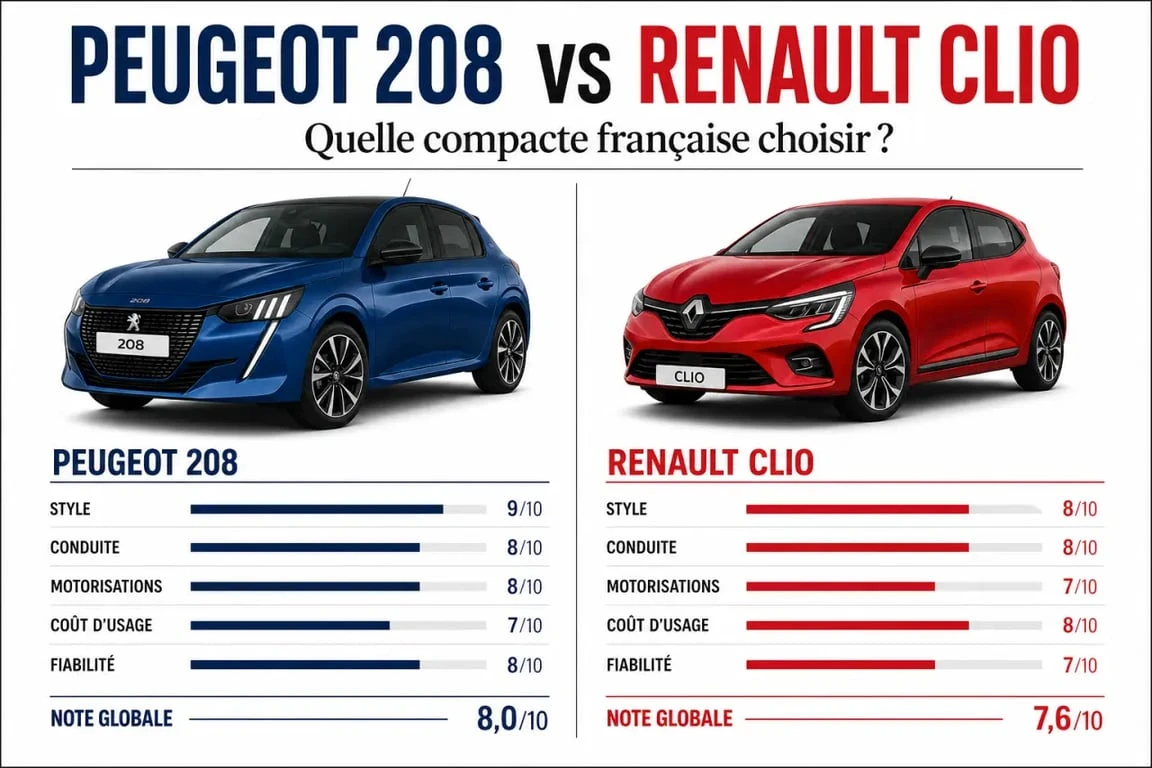 Peugeot ou Renault : comparaison visuelle entre une Peugeot 208 et une Renault Clio