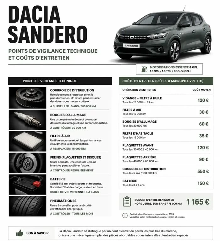 Infographie sur la fiabilité et les coûts d'entretien de la Dacia Sandero pour guider votre achat