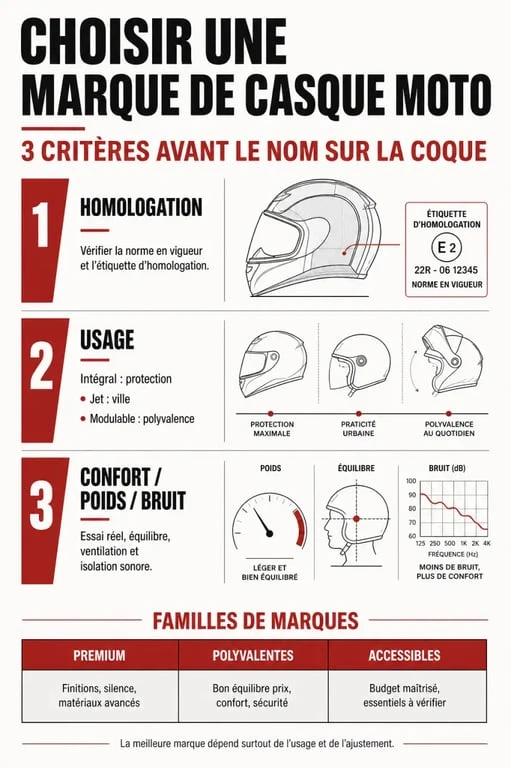 Infographie sur le casque moto marque avec les critères de choix, les types de casques et les familles de marques